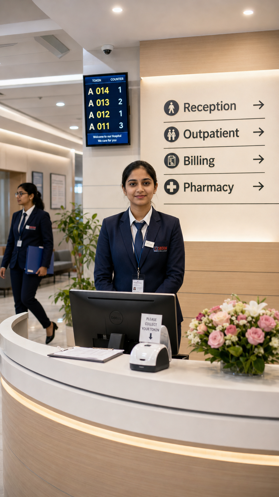 SBIHM mock hospital reception area where Hospital Management students practice patient front office operations